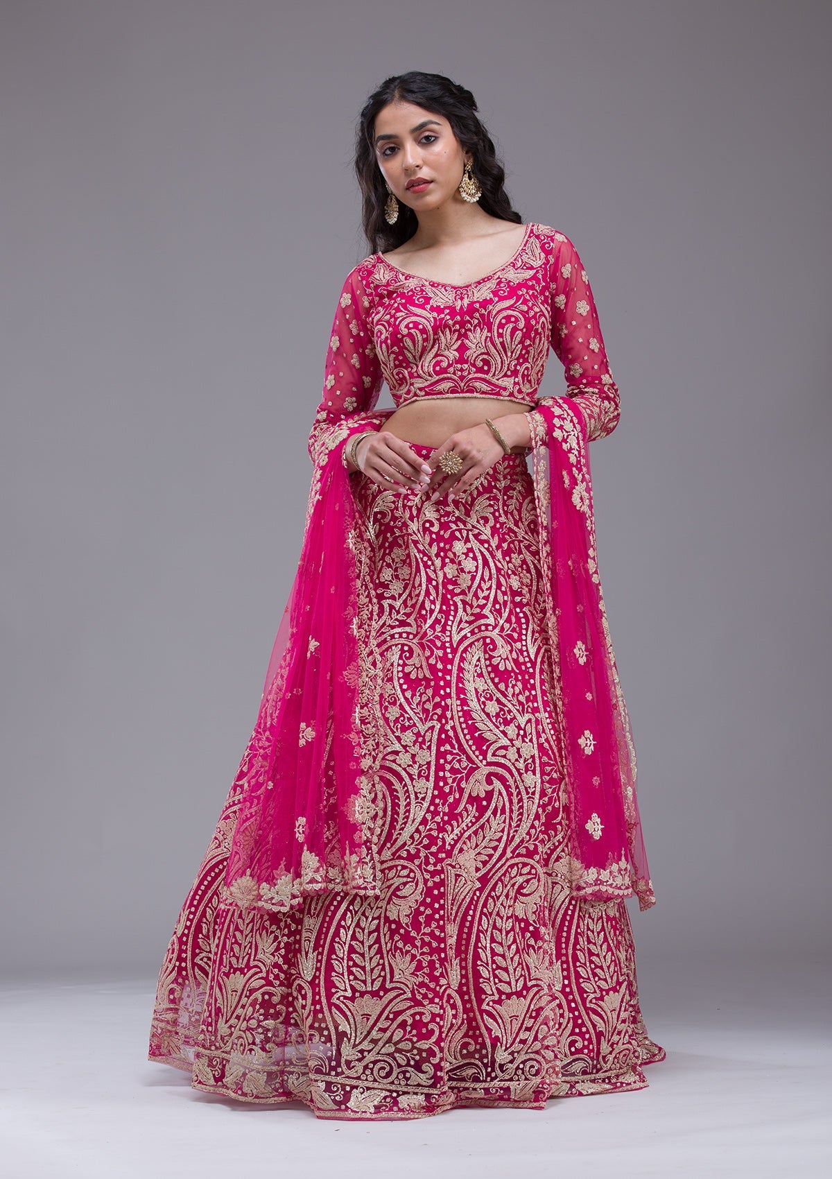 Rani Pink Threadwork Net Readymade Lehenga-Koskii