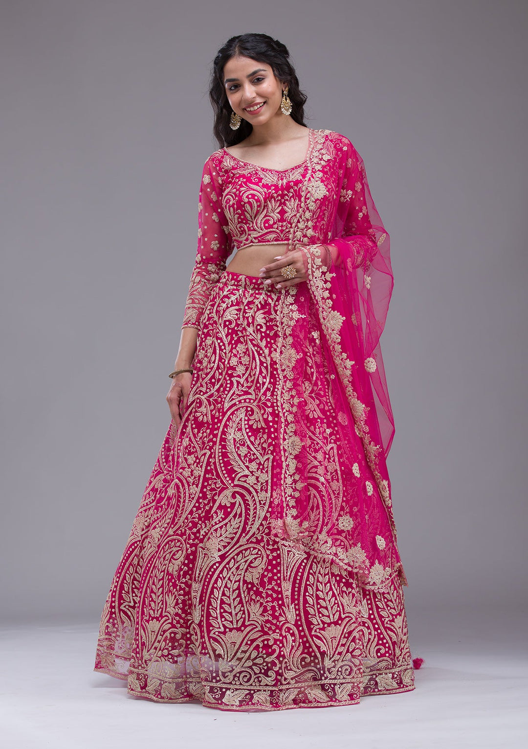 Rani Pink Threadwork Net Readymade Lehenga-Koskii