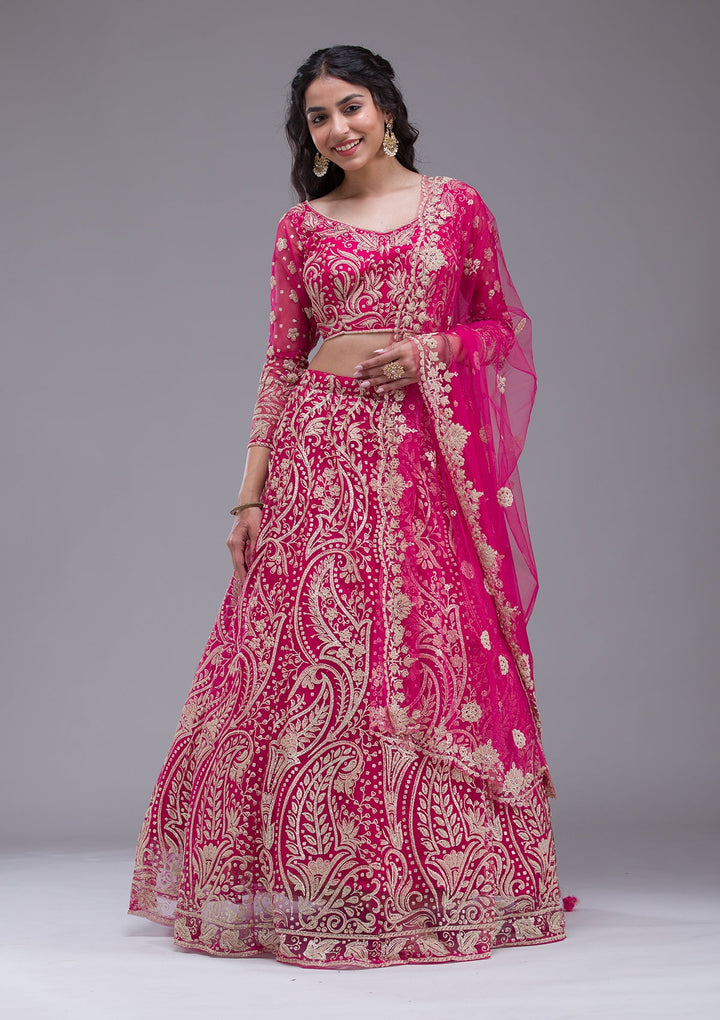 Rani Pink Threadwork Net Readymade Lehenga-Koskii