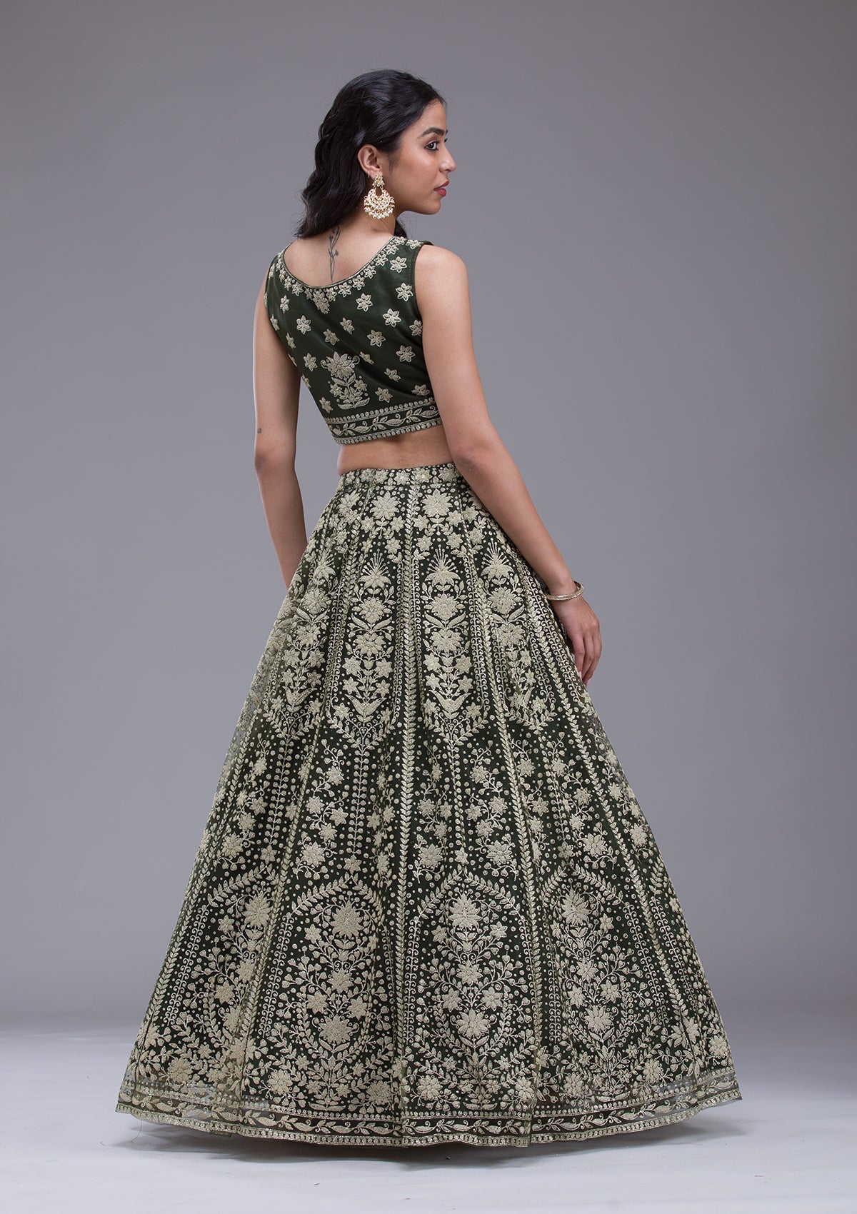 Mehendi Threadwork Net Readymade Lehenga-Koskii