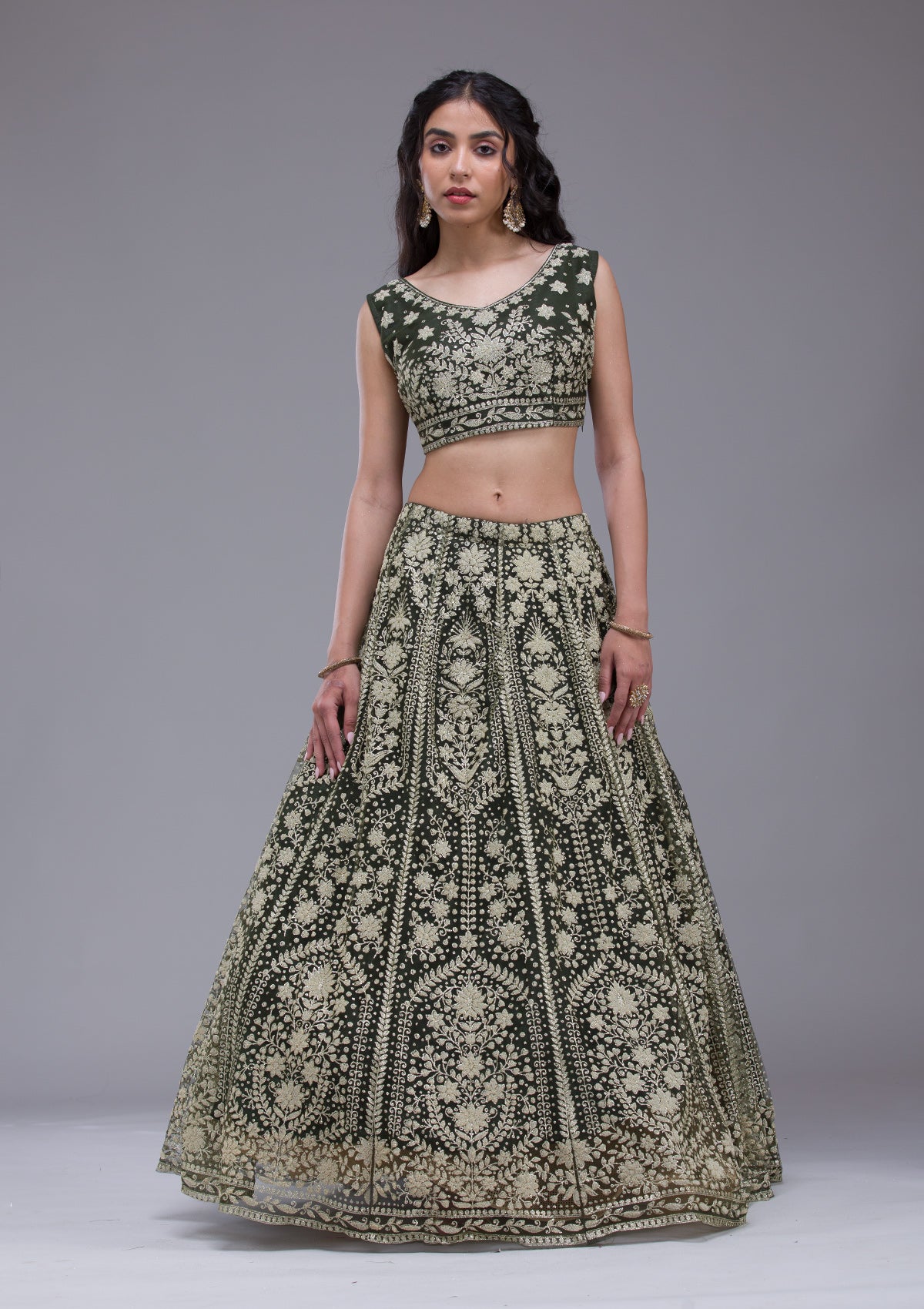 Mehendi Threadwork Net Readymade Lehenga-Koskii