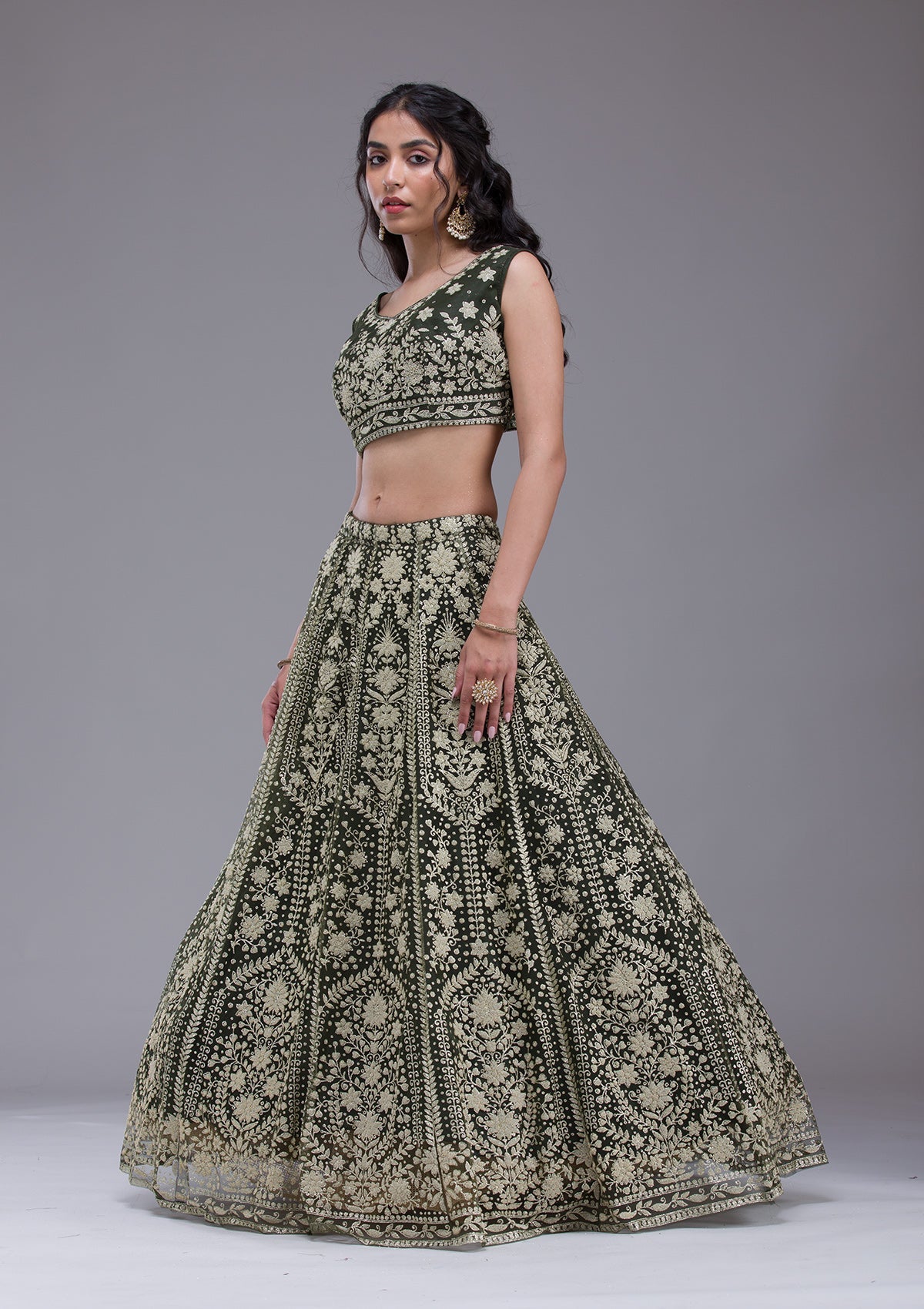 Mehendi Threadwork Net Readymade Lehenga-Koskii