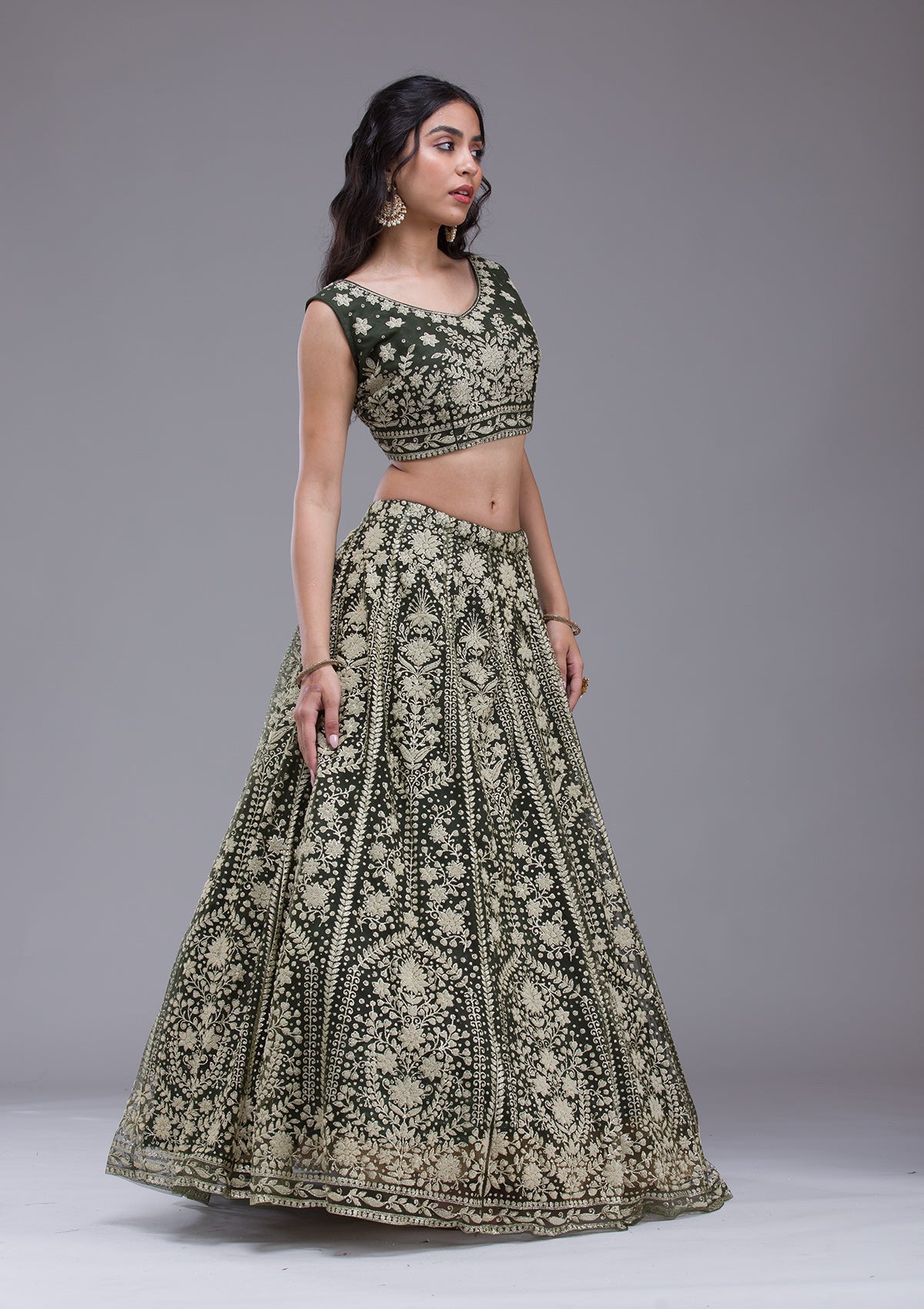 Mehendi Threadwork Net Readymade Lehenga-Koskii