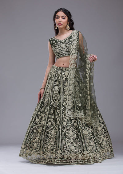 Mehendi Threadwork Net Readymade Lehenga-Koskii