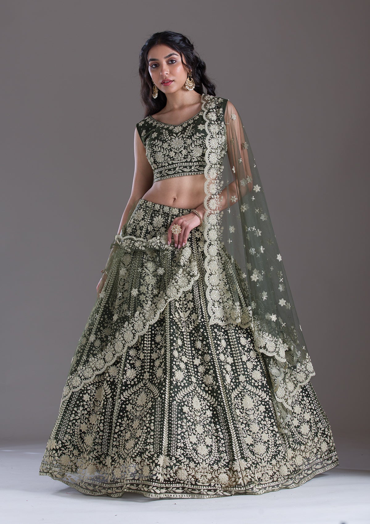 Mehendi Threadwork Net Readymade Lehenga-Koskii