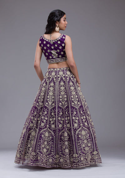 Purple Threadwork Net Readymade Lehenga-Koskii