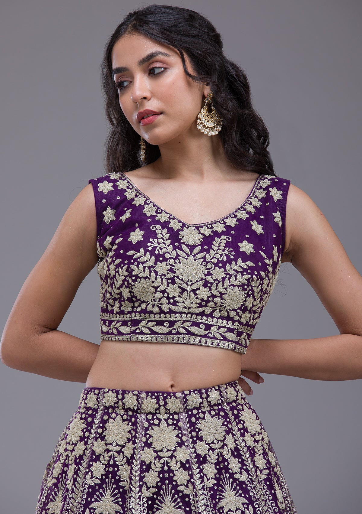 Purple Threadwork Net Readymade Lehenga-Koskii