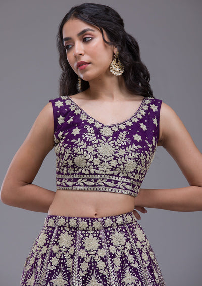 Purple Threadwork Net Readymade Lehenga-Koskii