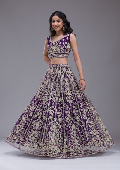 Purple Threadwork Net Readymade Lehenga-Koskii