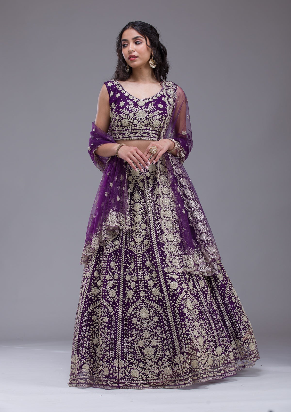 Purple Threadwork Net Readymade Lehenga-Koskii