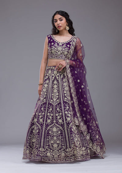 Purple Threadwork Net Readymade Lehenga-Koskii