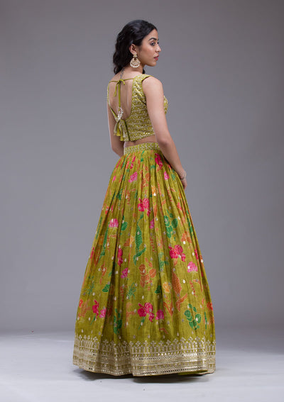 Mehendi Sequins Georgette Readymade Lehenga-Koskii