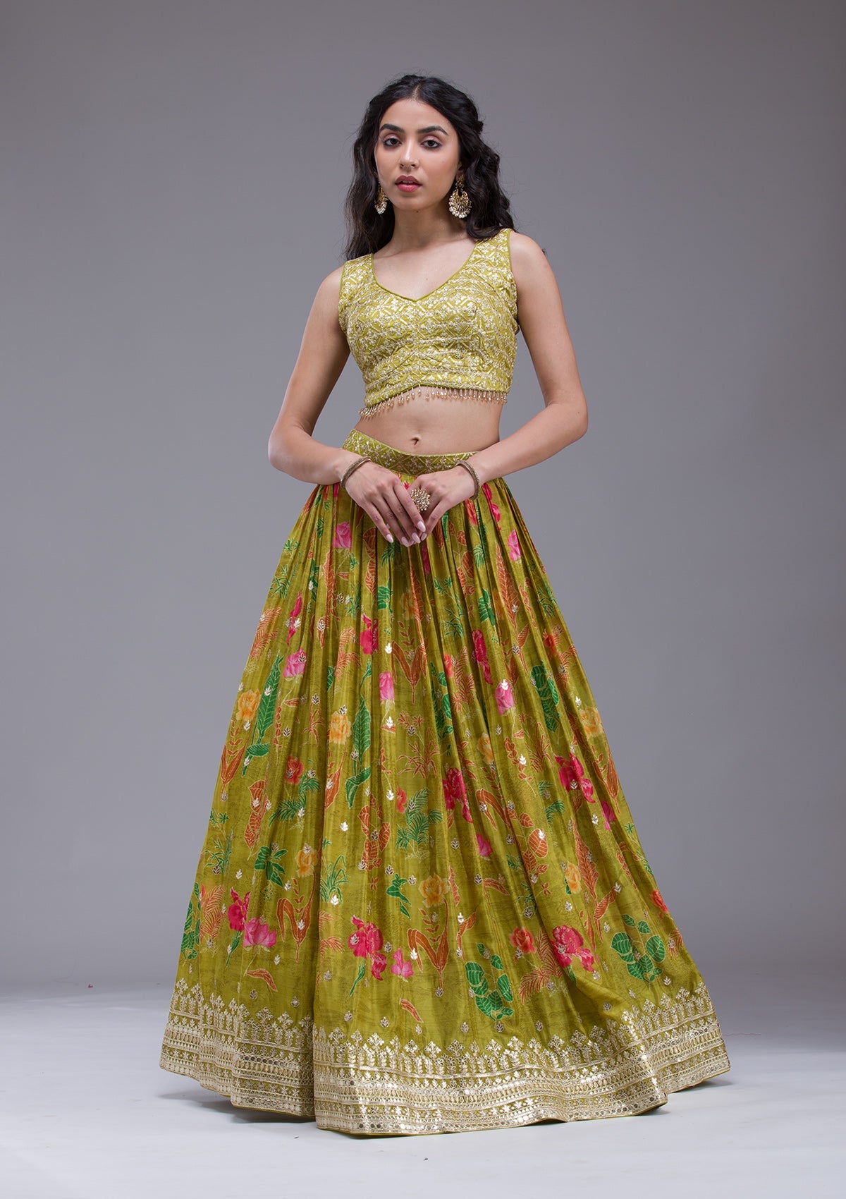 Mehendi Sequins Georgette Readymade Lehenga-Koskii