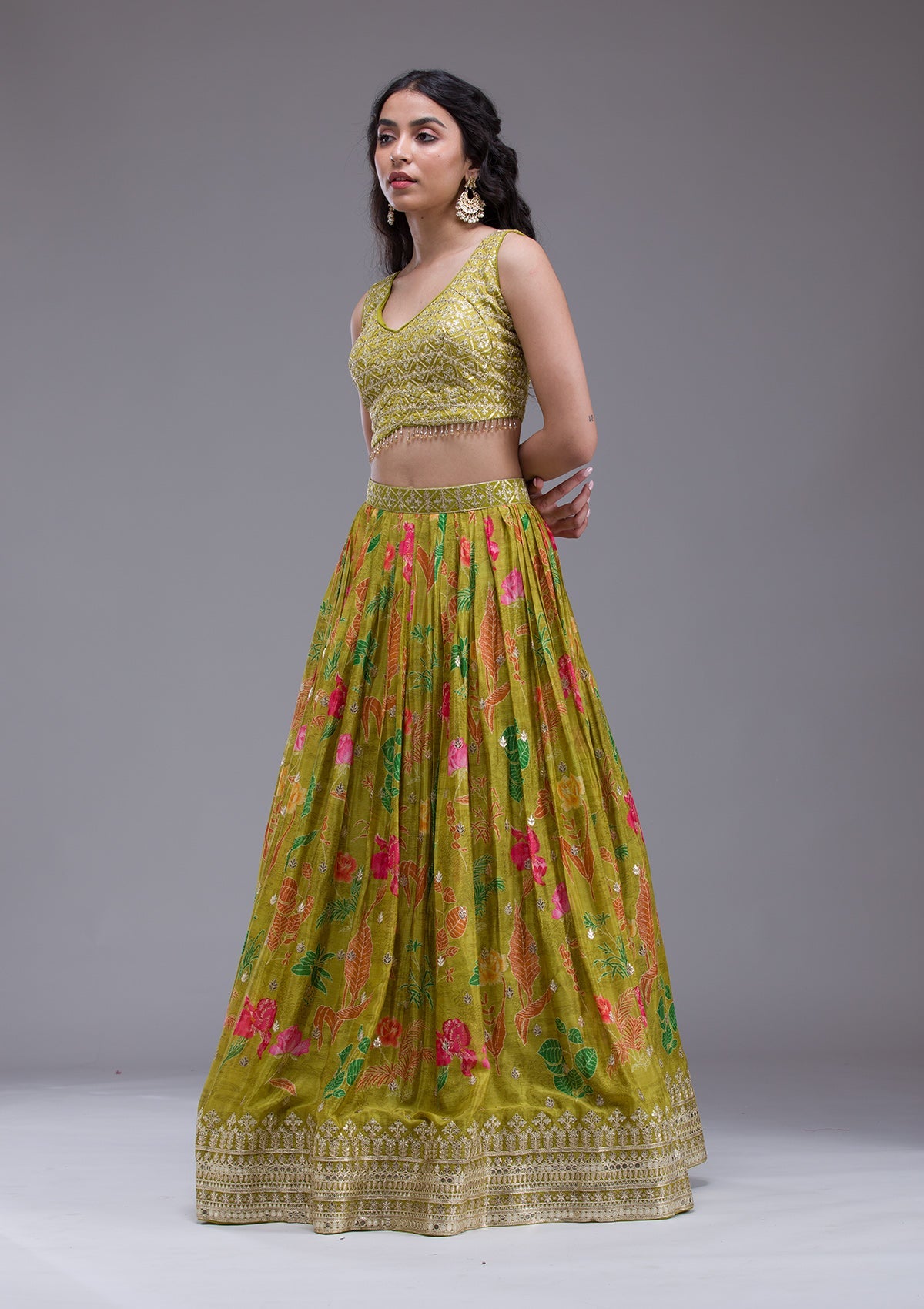 Mehendi Sequins Georgette Readymade Lehenga-Koskii