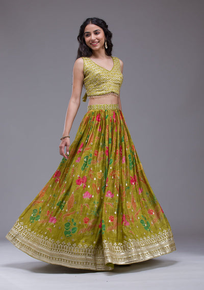 Mehendi Sequins Georgette Readymade Lehenga-Koskii