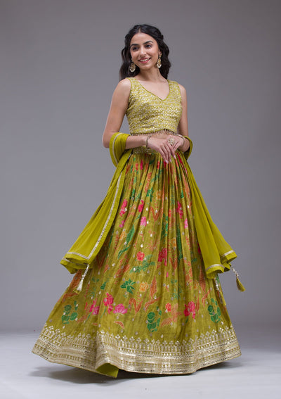 Mehendi Sequins Georgette Readymade Lehenga-Koskii