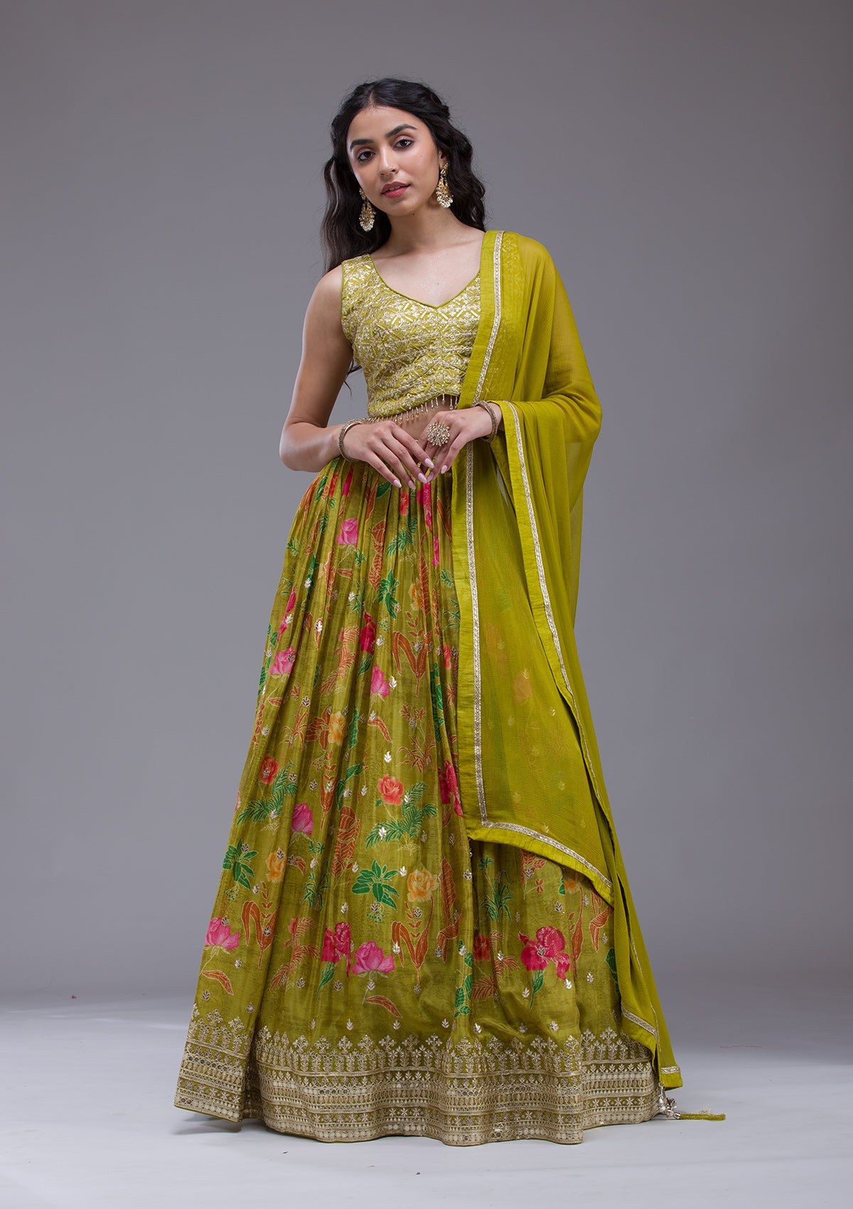 Mehendi Sequins Georgette Readymade Lehenga-Koskii