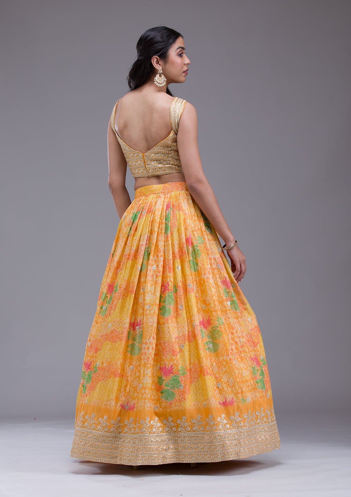 Mustard Sequins Georgette Readymade Lehenga-Koskii