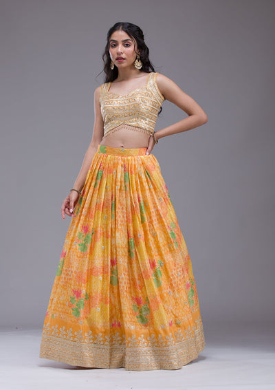 Mustard Sequins Georgette Readymade Lehenga-Koskii