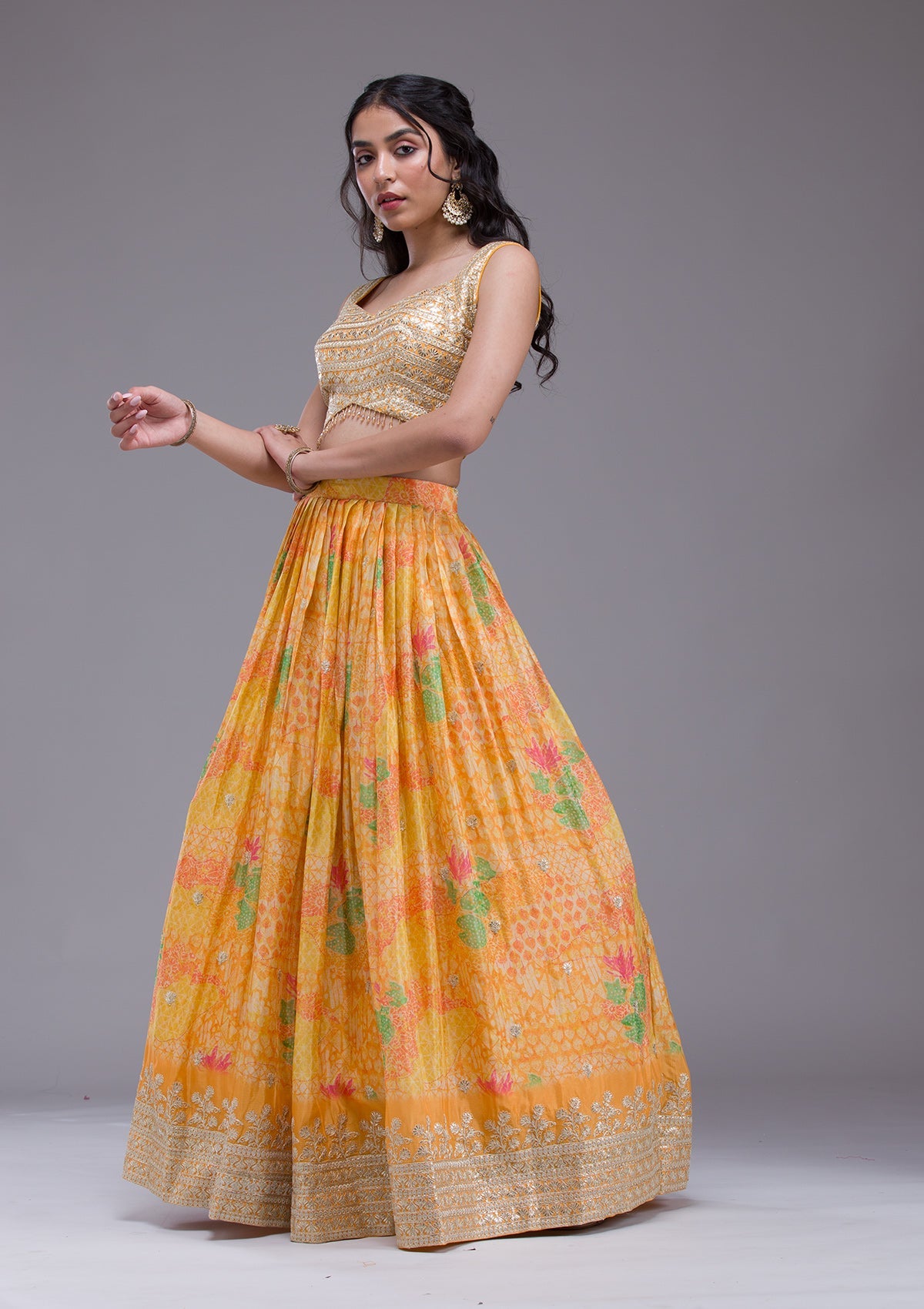 Mustard Sequins Georgette Readymade Lehenga-Koskii