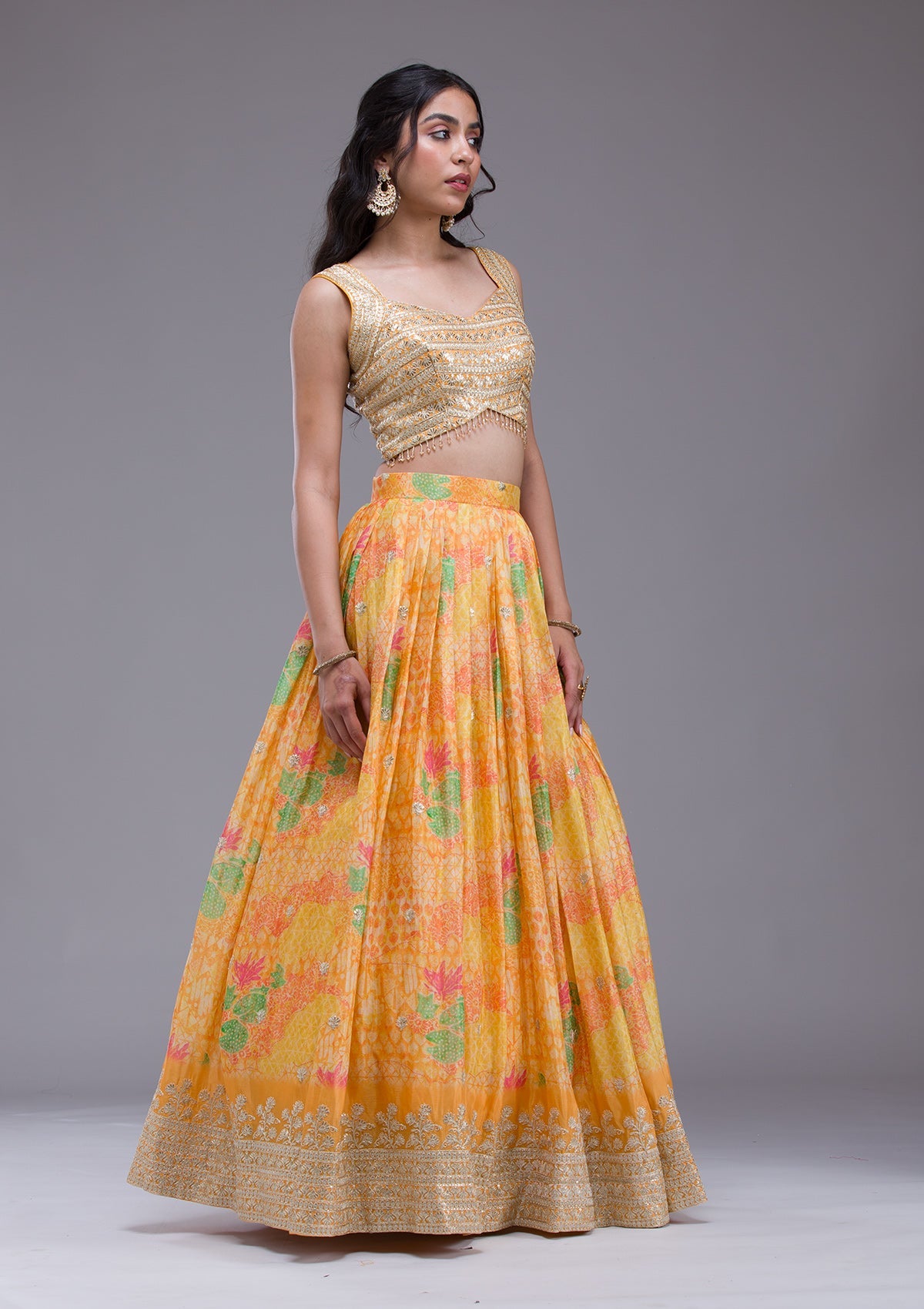 Mustard Sequins Georgette Readymade Lehenga-Koskii