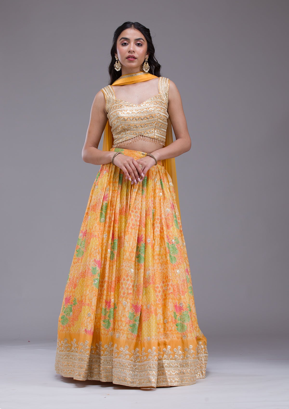 Mustard Sequins Georgette Readymade Lehenga-Koskii