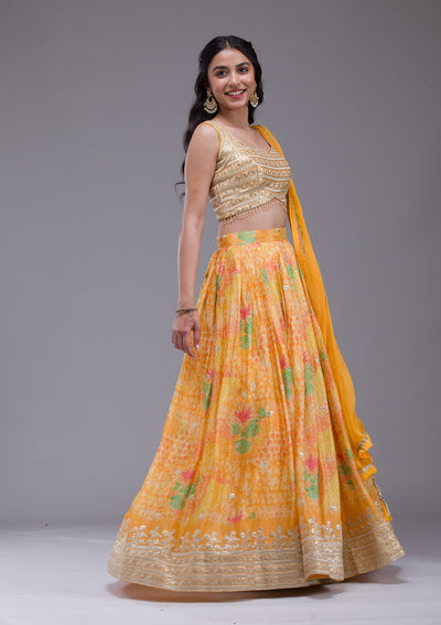 Mustard Sequins Georgette Readymade Lehenga-Koskii