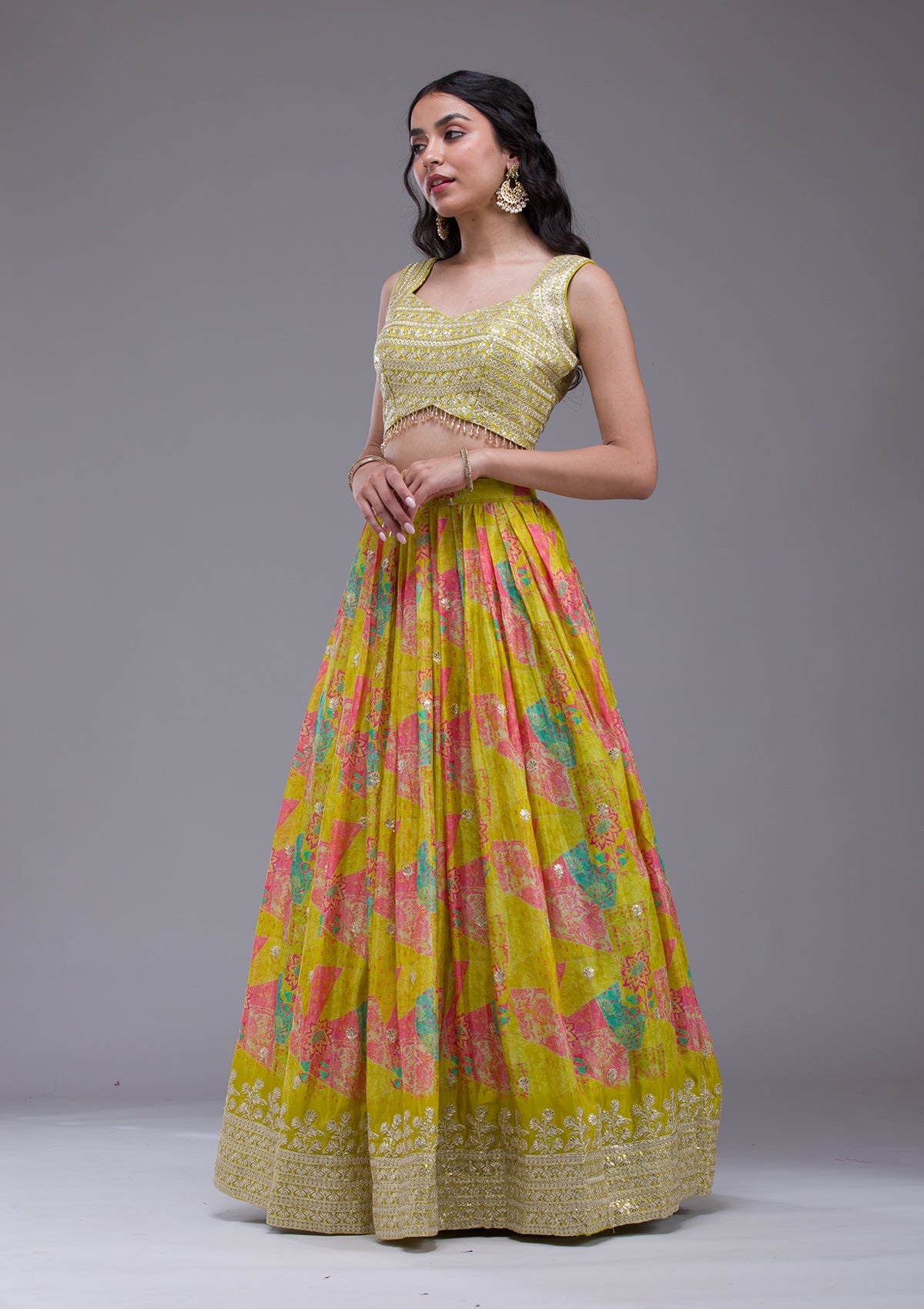 Parrot Green Sequins Georgette Readymade Lehenga-Koskii