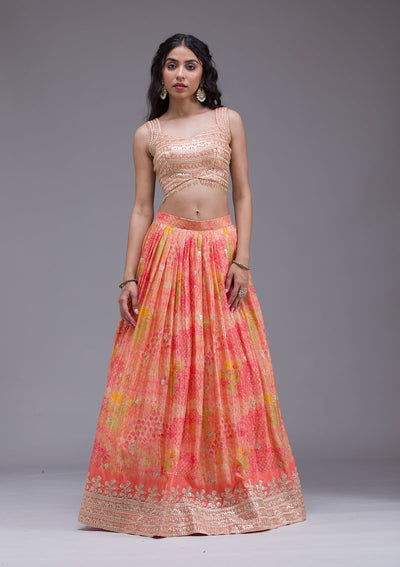 Peach Sequins Georgette Readymade Lehenga-Koskii