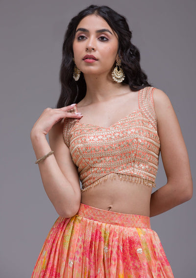 Peach Sequins Georgette Readymade Lehenga-Koskii