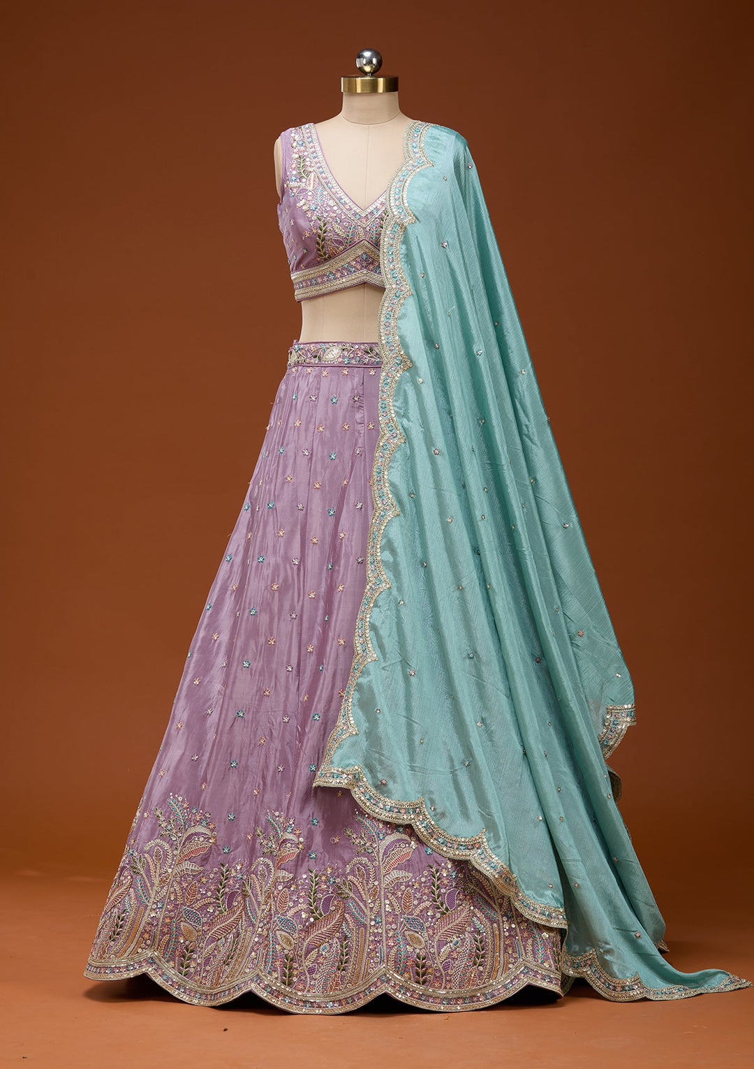 Lavender Threadwork Semi Crepe Readymade Lehenga_Koskii