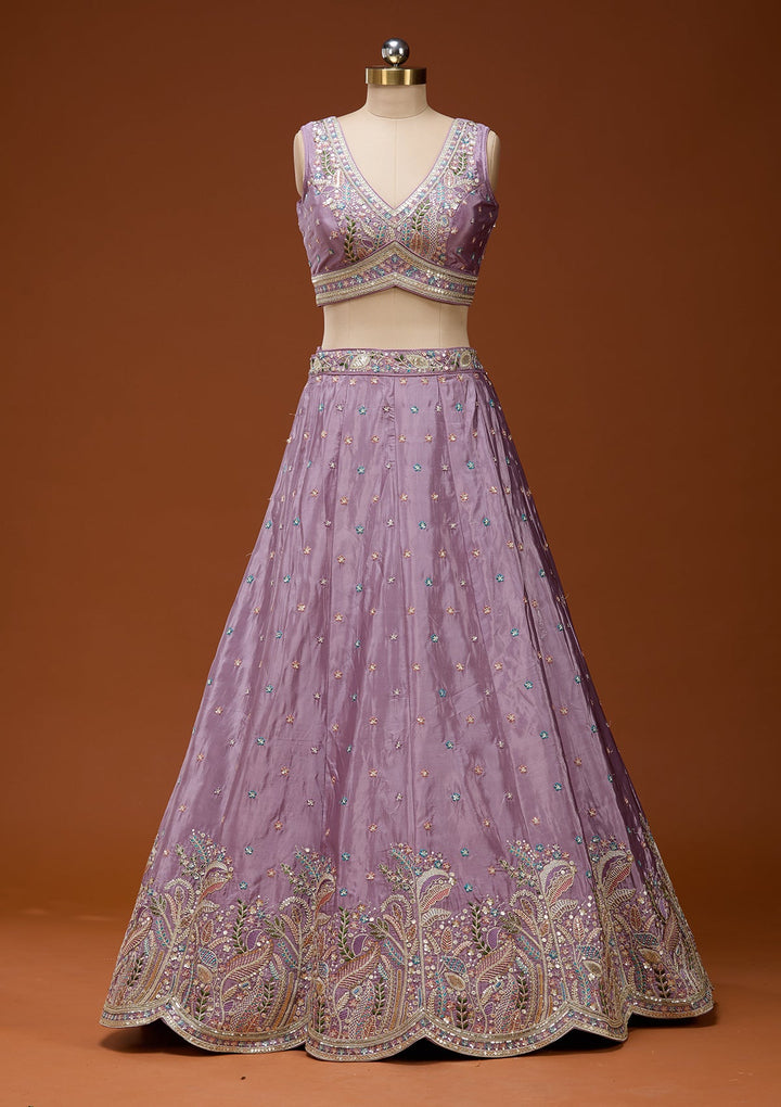 Lavender Threadwork Semi Crepe Readymade Lehenga_Koskii