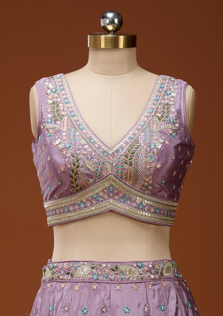 Lavender Threadwork Semi Crepe Readymade Lehenga_Koskii