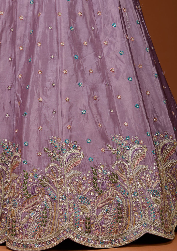 Lavender Threadwork Semi Crepe Readymade Lehenga_Koskii