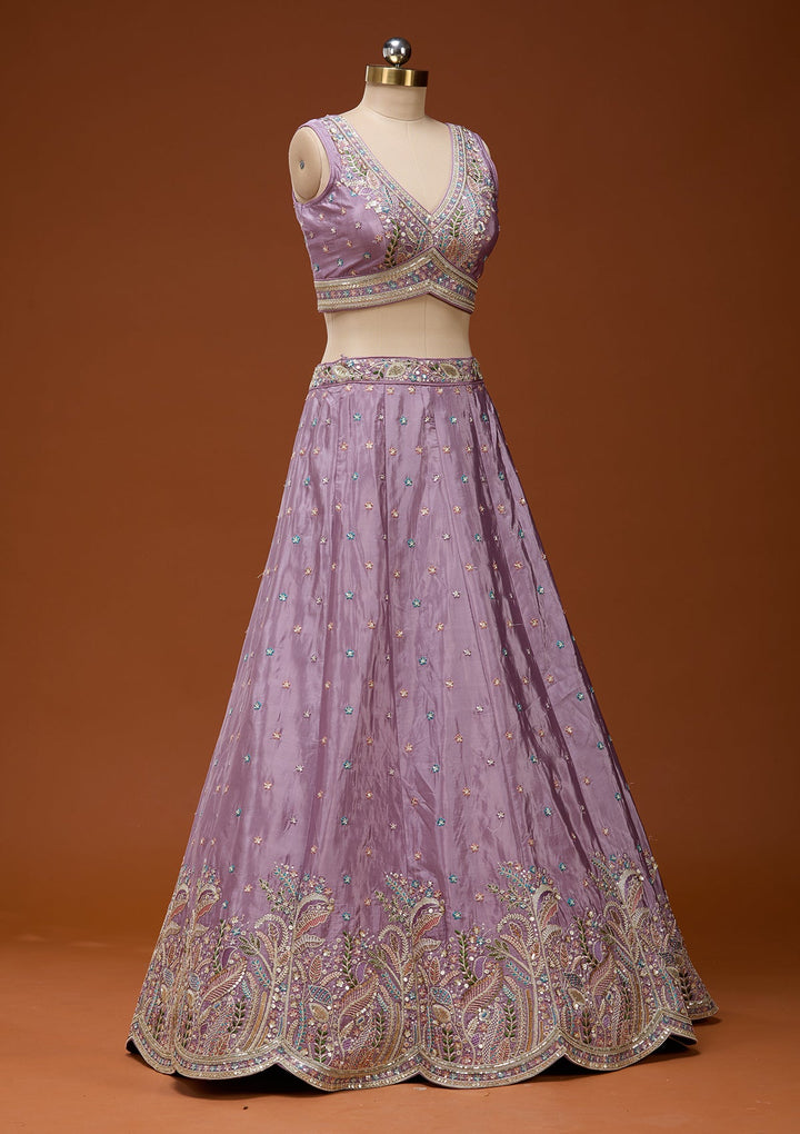 Lavender Threadwork Semi Crepe Readymade Lehenga_Koskii