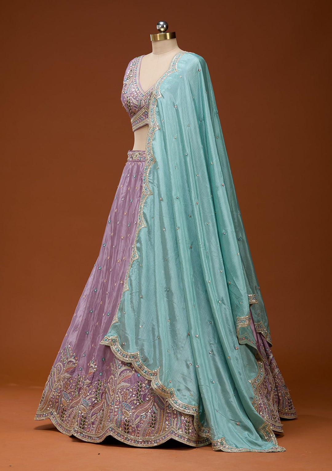 Lavender Threadwork Semi Crepe Readymade Lehenga_Koskii