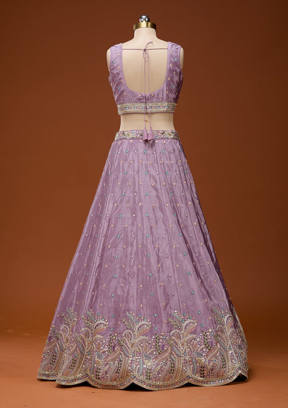 Lavender Threadwork Semi Crepe Readymade Lehenga_Koskii