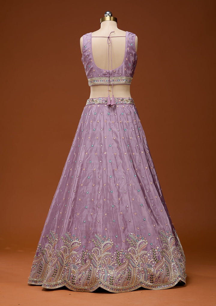 Lavender Threadwork Semi Crepe Readymade Lehenga_Koskii