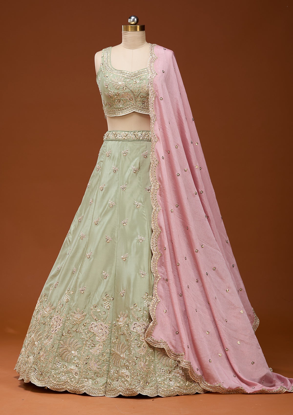 Pista Green Cording Satin Readymade Lehenga_Koskii
