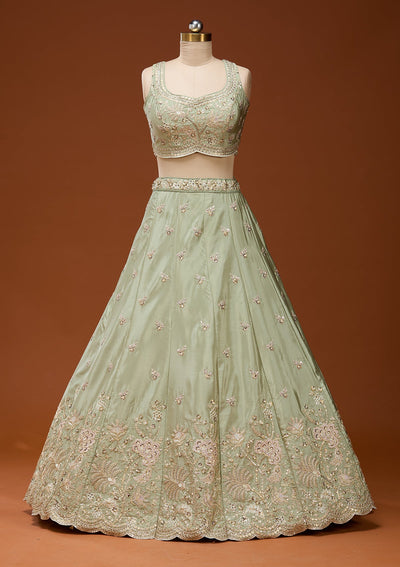 Pista Green Cording Satin Readymade Lehenga_Koskii