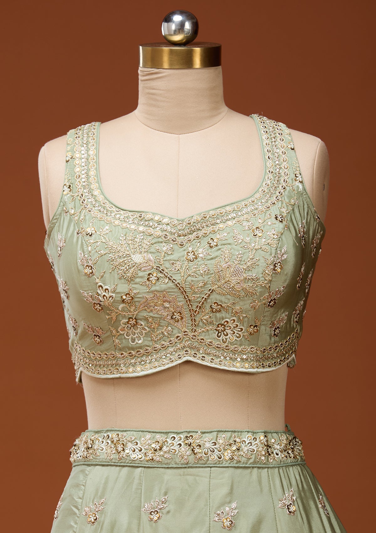Pista Green Cording Satin Readymade Lehenga_Koskii