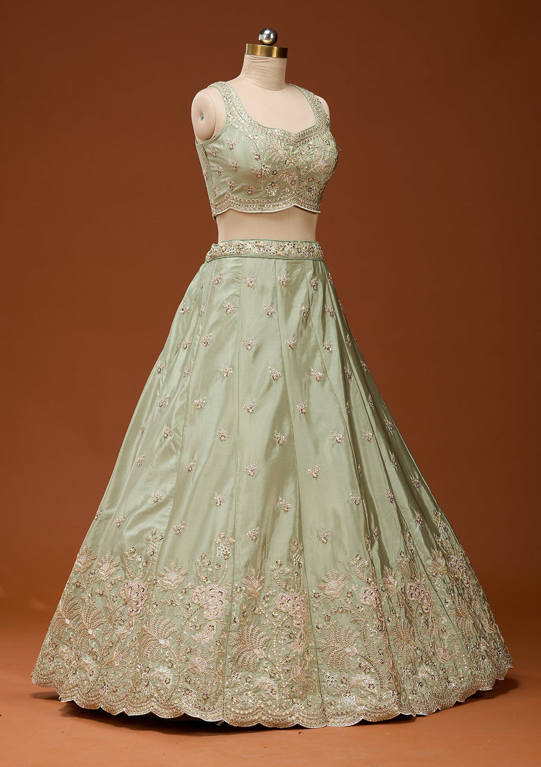 Pista Green Cording Satin Readymade Lehenga_Koskii