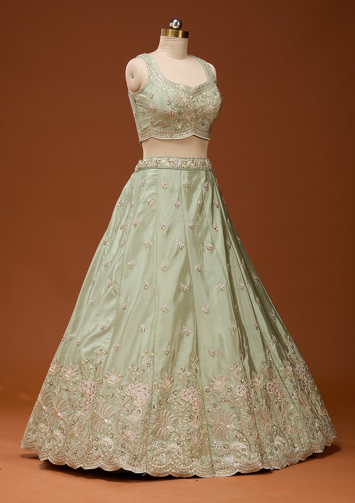 Pista Green Cording Satin Readymade Lehenga_Koskii