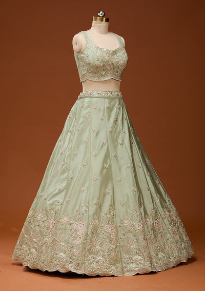 Pista Green Cording Satin Readymade Lehenga_Koskii