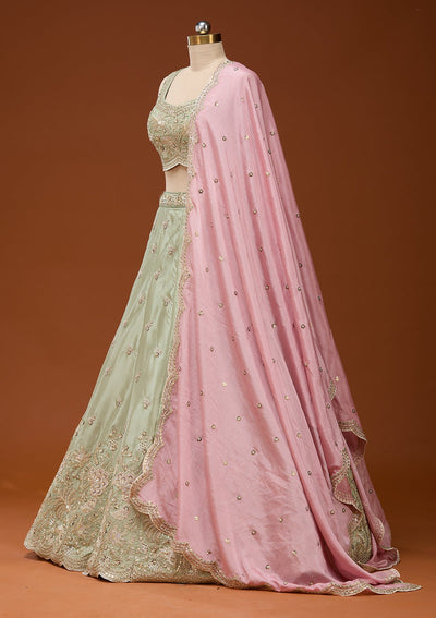 Pista Green Cording Satin Readymade Lehenga_Koskii