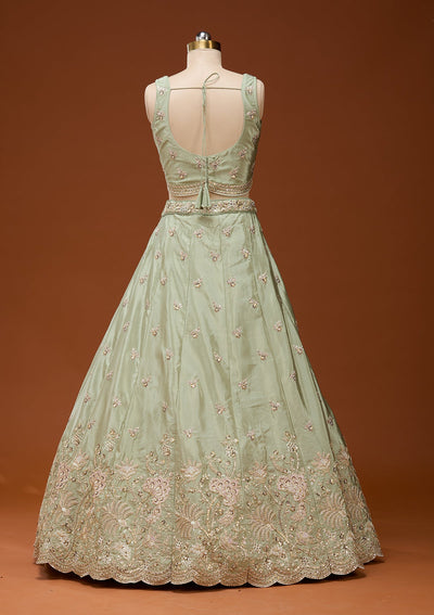 Pista Green Cording Satin Readymade Lehenga_Koskii