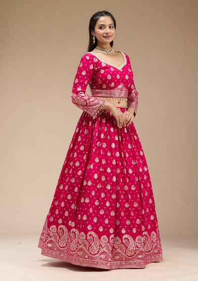 Magenta Pink Mirrorwork Soft Raw Silk Readymade Lehenga-koskii