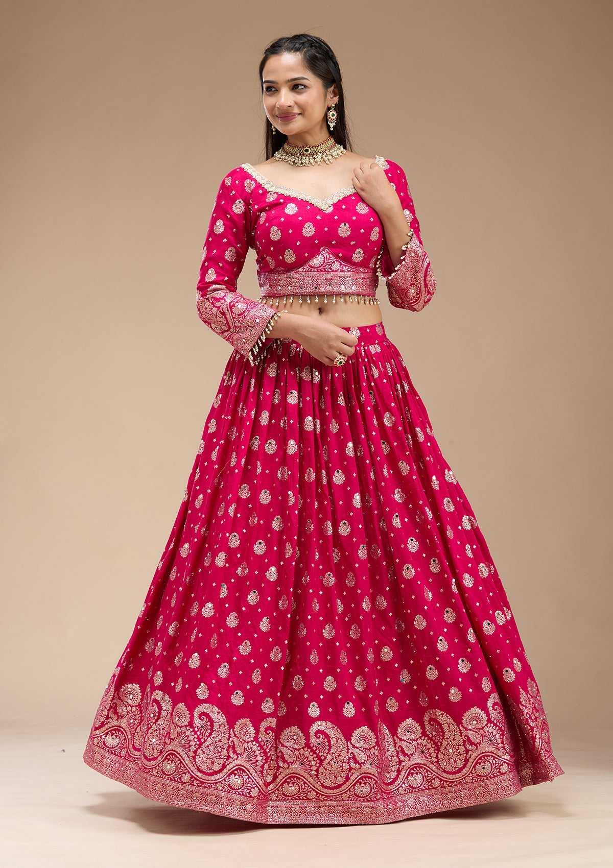 Magenta Pink Mirrorwork Soft Raw Silk Readymade Lehenga-koskii