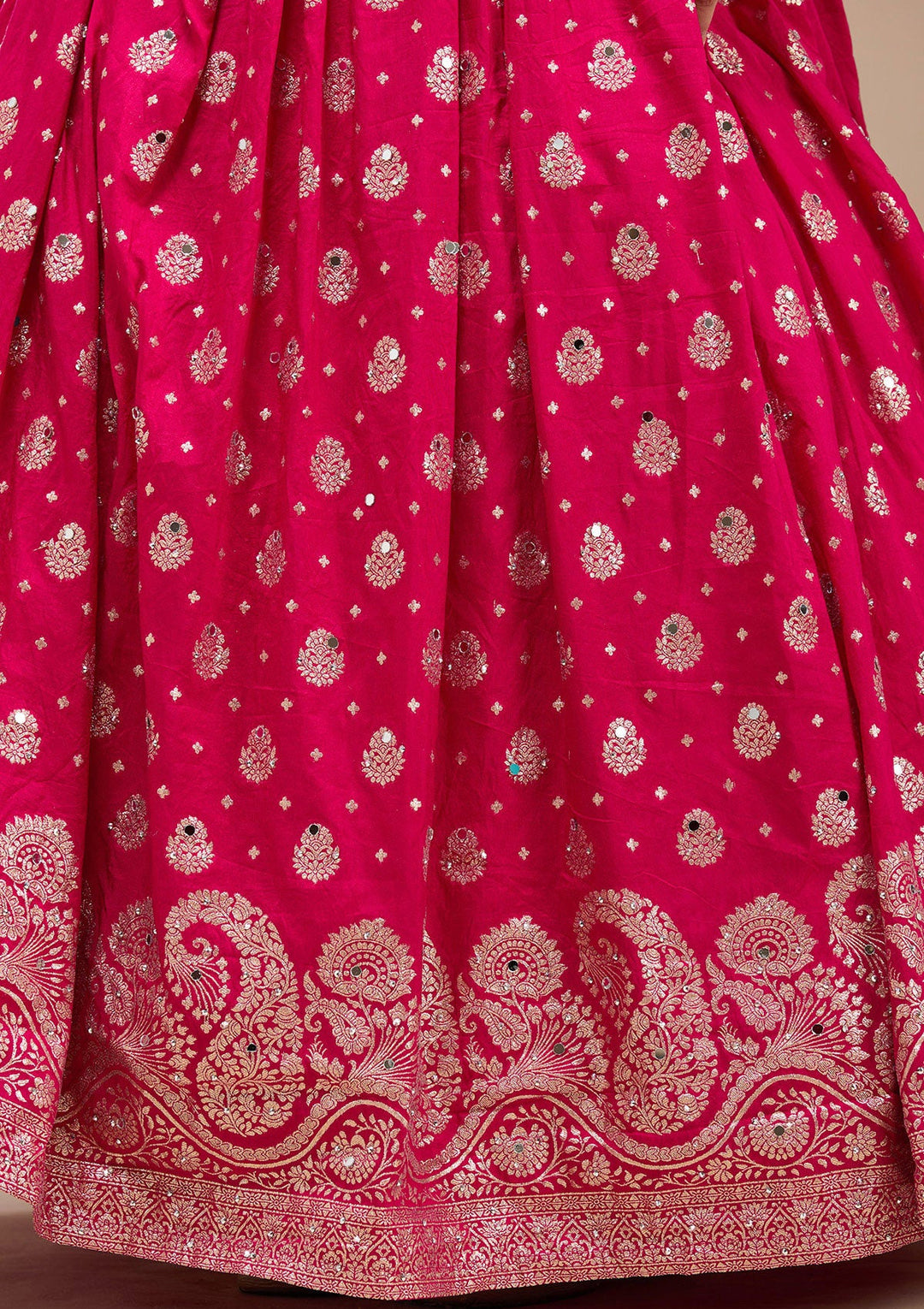 Magenta Pink Mirrorwork Soft Raw Silk Readymade Lehenga-koskii