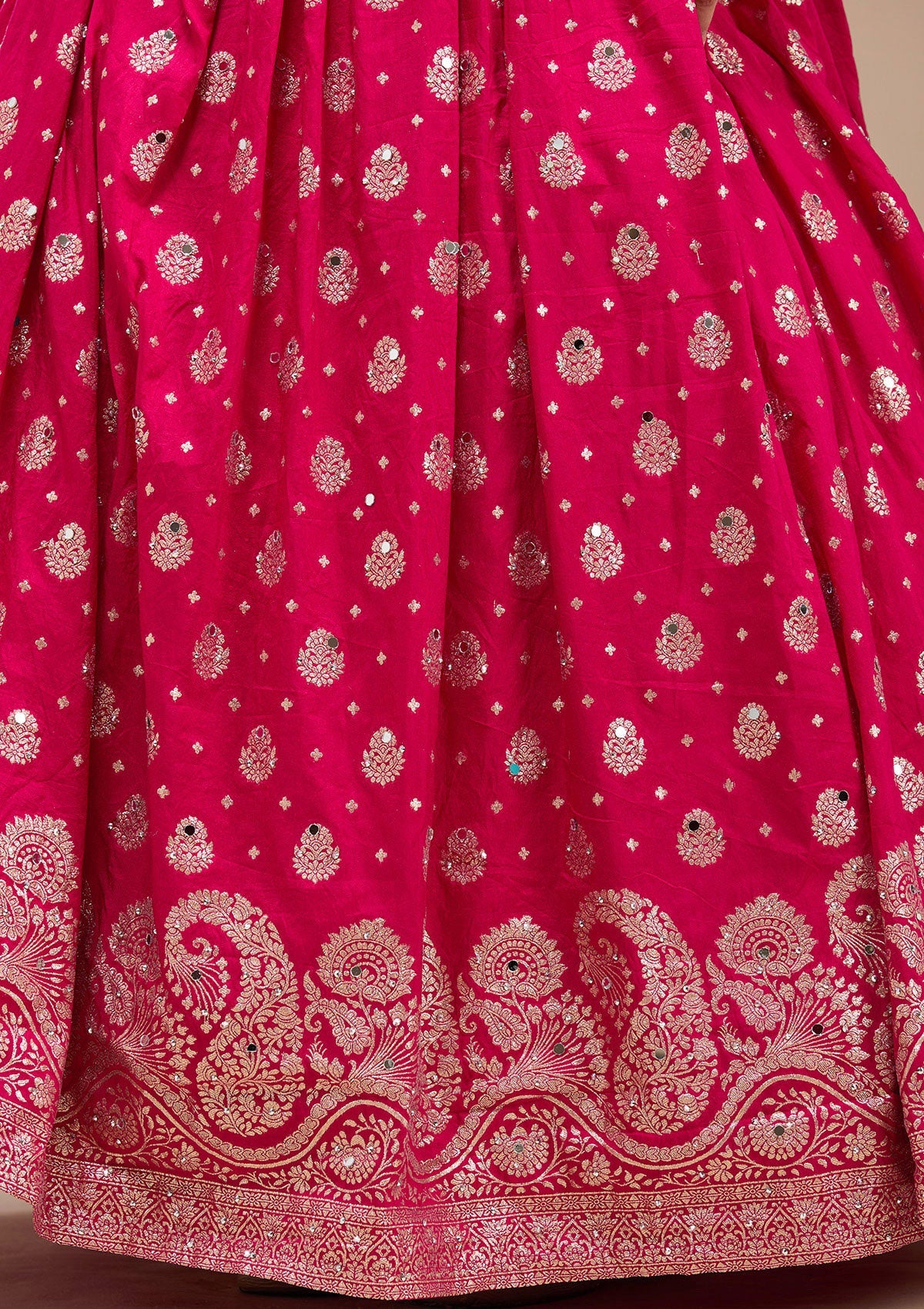 Magenta Pink Mirrorwork Soft Raw Silk Readymade Lehenga-koskii